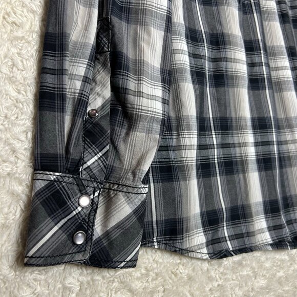 International Concepts Flannel Pearl Snap Shirt Black White & Grey Plaid Size XL - Picture 5 of 6
